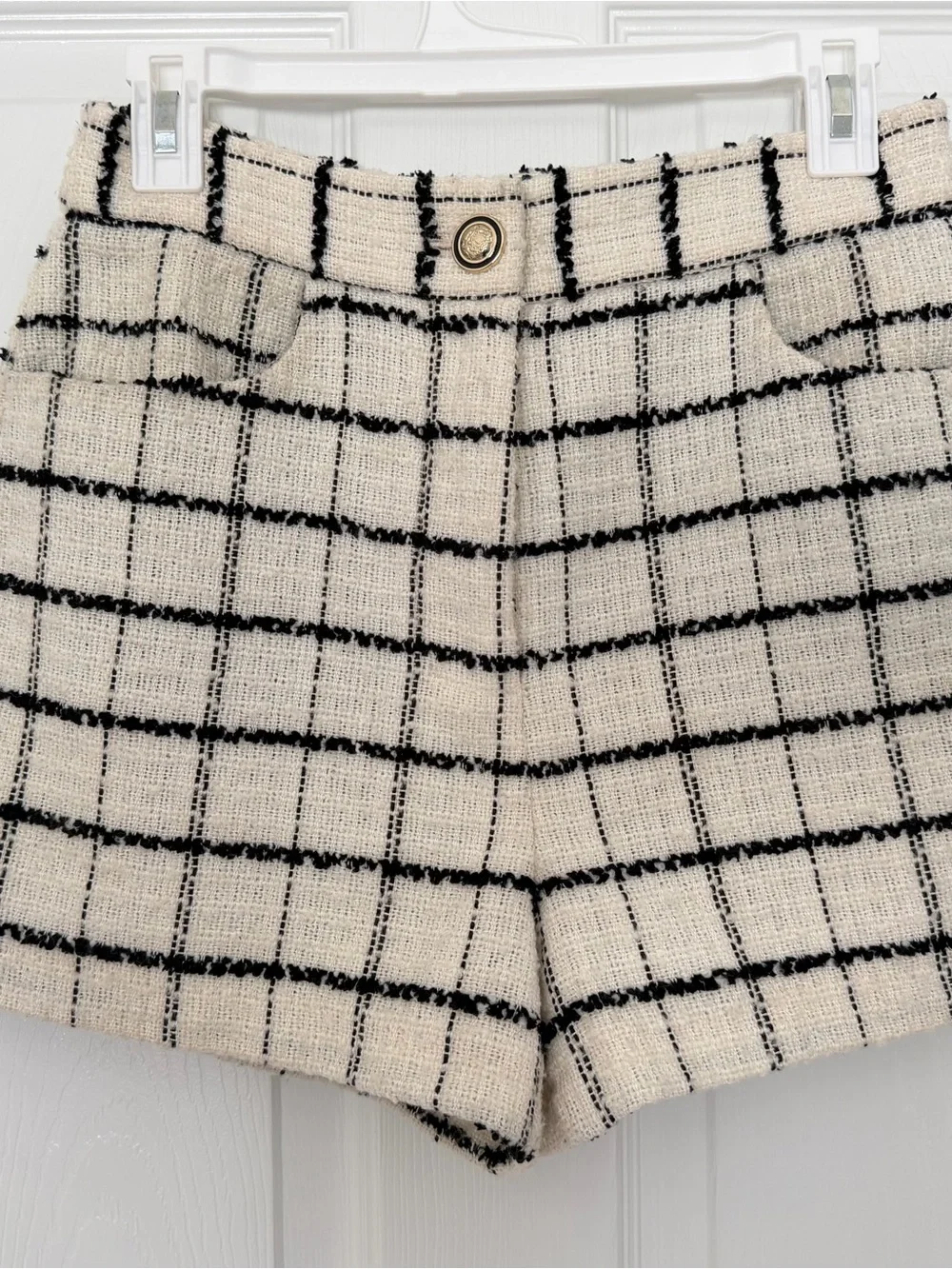 Zara High Waisted Tweed Check Bermuda Shorts Wool Blend Ivory Black S